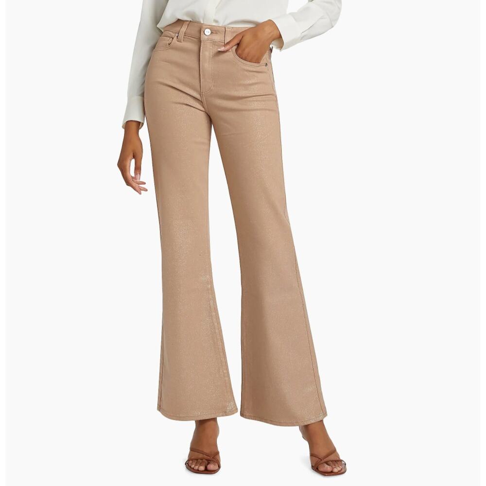 Paige The Leenah High-Rise‎ Pants Wide-Leg Fared Tan Gold Glitter-Coated